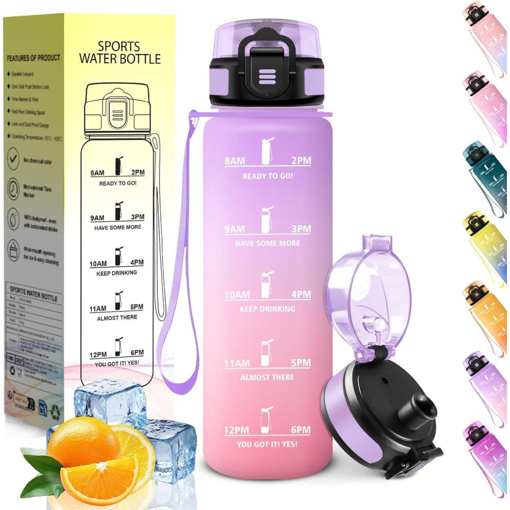 image:imageHoneyHolly Gourde 1L sans BPA Bouteille Sport Marqueur Horaire Bouteille tanche Portable Gourde Gradue pour Salle de Sport Vlo Bureau Extrieur cole Water BottleIris Rose 500ml