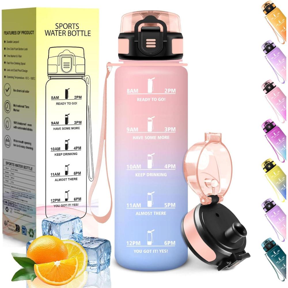 image:imageHoneyHolly Gourde 1L sans BPA Bouteille Sport Marqueur Horaire Bouteille tanche Portable Gourde Gradue pour Salle de Sport Vlo Bureau Extrieur cole Water BottleRose Ciel 500ml