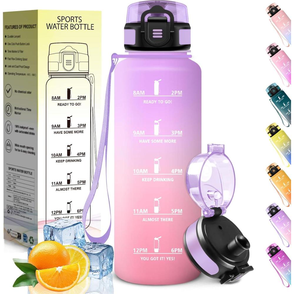 image:imageHoneyHolly Gourde 1L sans BPA Bouteille Sport Marqueur Horaire Bouteille tanche Portable Gourde Gradue pour Salle de Sport Vlo Bureau Extrieur cole Water BottleIris Rose 1500ml