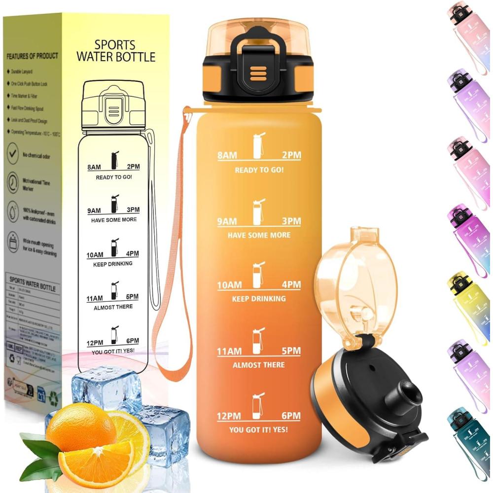 image:imageHoneyHolly Gourde 1L sans BPA Bouteille Sport Marqueur Horaire Bouteille tanche Portable Gourde Gradue pour Salle de Sport Vlo Bureau Extrieur cole Water BottleAmbre Orange 500ml