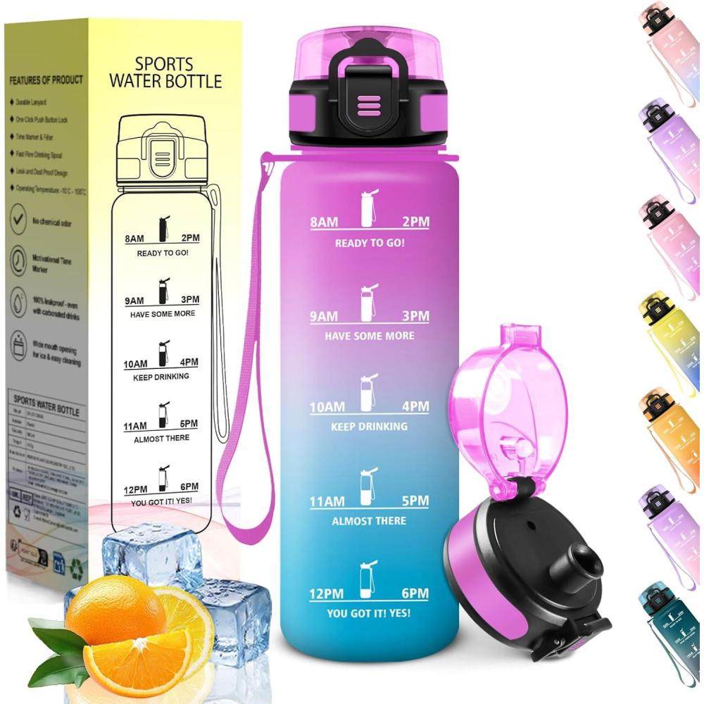 image:imageHoneyHolly Gourde 1L sans BPA Bouteille Sport Marqueur Horaire Bouteille tanche Portable Gourde Gradue pour Salle de Sport Vlo Bureau Extrieur cole Water BottleRose Cyan 500ml