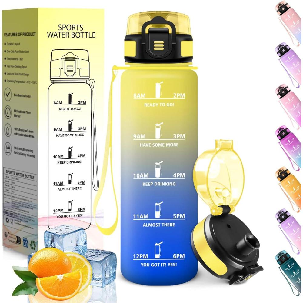 image:imageHoneyHolly Gourde 1L sans BPA Bouteille Sport Marqueur Horaire Bouteille tanche Portable Gourde Gradue pour Salle de Sport Vlo Bureau Extrieur cole Water BottleJaune Bleu 500ml