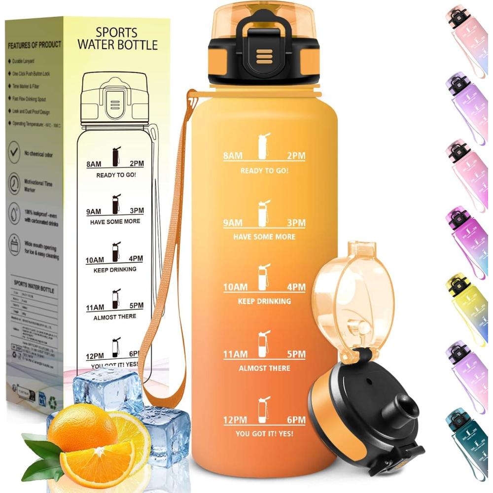 image:imageHoneyHolly Gourde 1L sans BPA Bouteille Sport Marqueur Horaire Bouteille tanche Portable Gourde Gradue pour Salle de Sport Vlo Bureau Extrieur cole Water BottleAmbre Orange 1500ml