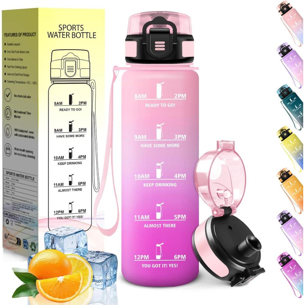 image:imageHoneyHolly Gourde 1L sans BPA Bouteille Sport Marqueur Horaire Bouteille tanche Portable Gourde Gradue pour Salle de Sport Vlo Bureau Extrieur cole Water BottleRose Rose 500ml
