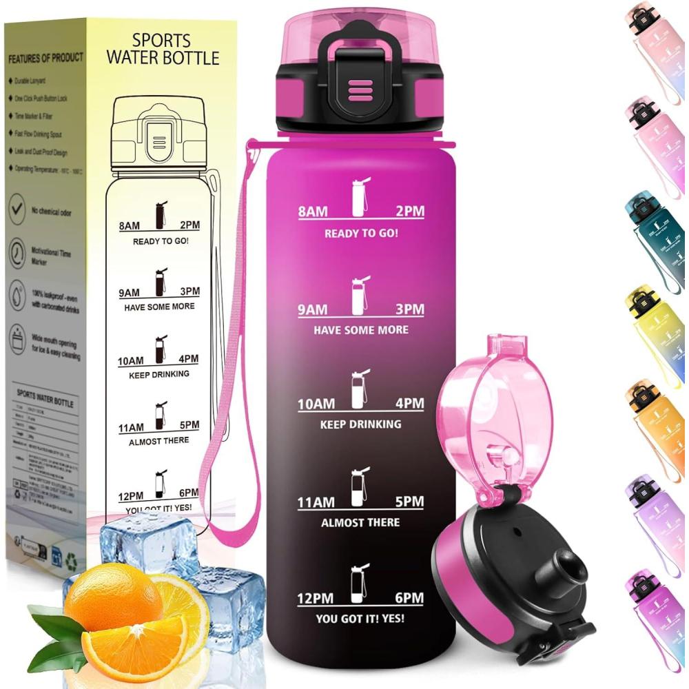 image:imageHoneyHolly Gourde 1L sans BPA Bouteille Sport Marqueur Horaire Bouteille tanche Portable Gourde Gradue pour Salle de Sport Vlo Bureau Extrieur cole Water BottleViolet Noir 1000ml