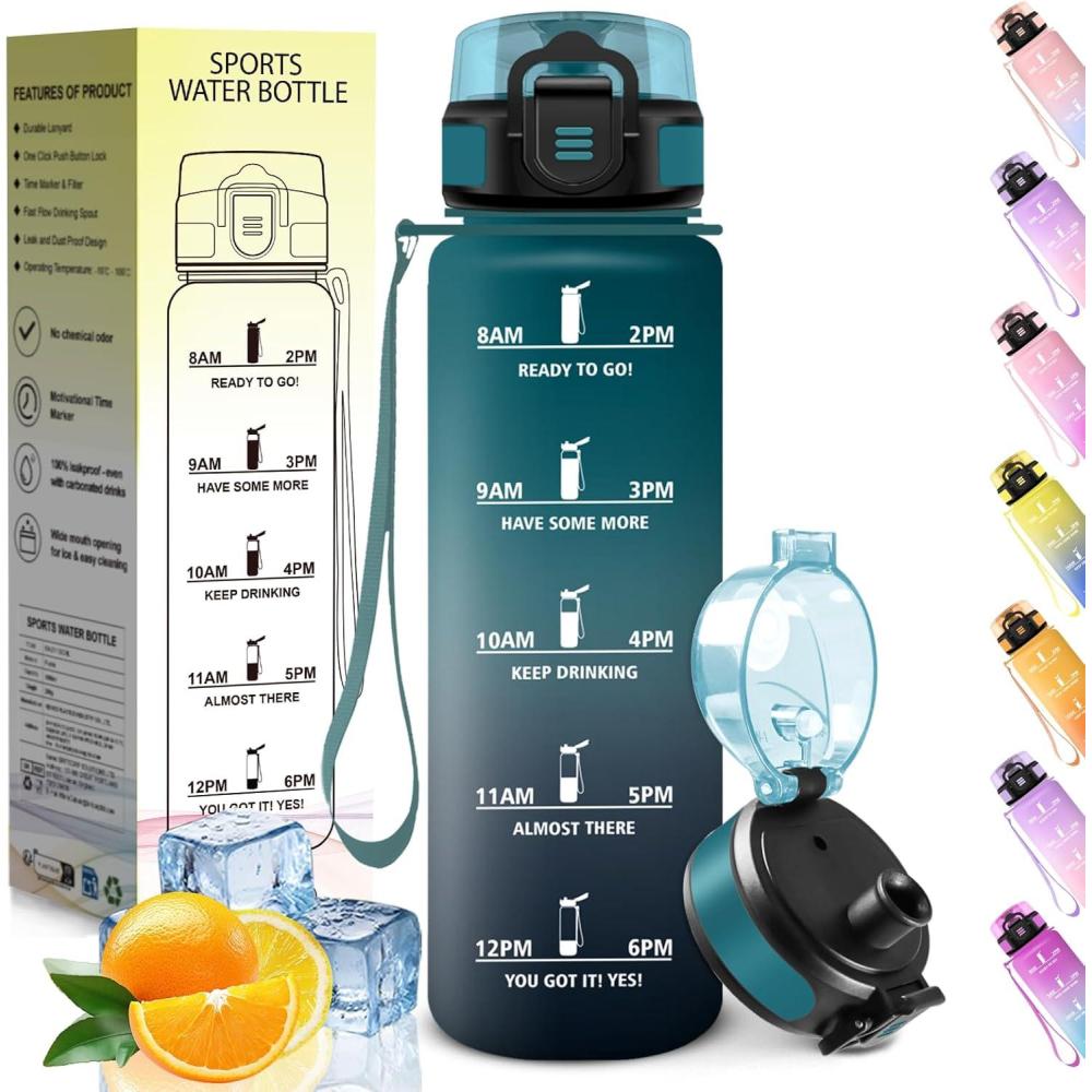 image:imageHoneyHolly Gourde 1L sans BPA Bouteille Sport Marqueur Horaire Bouteille tanche Portable Gourde Gradue pour Salle de Sport Vlo Bureau Extrieur cole Water BottleVert Gris 1000ml