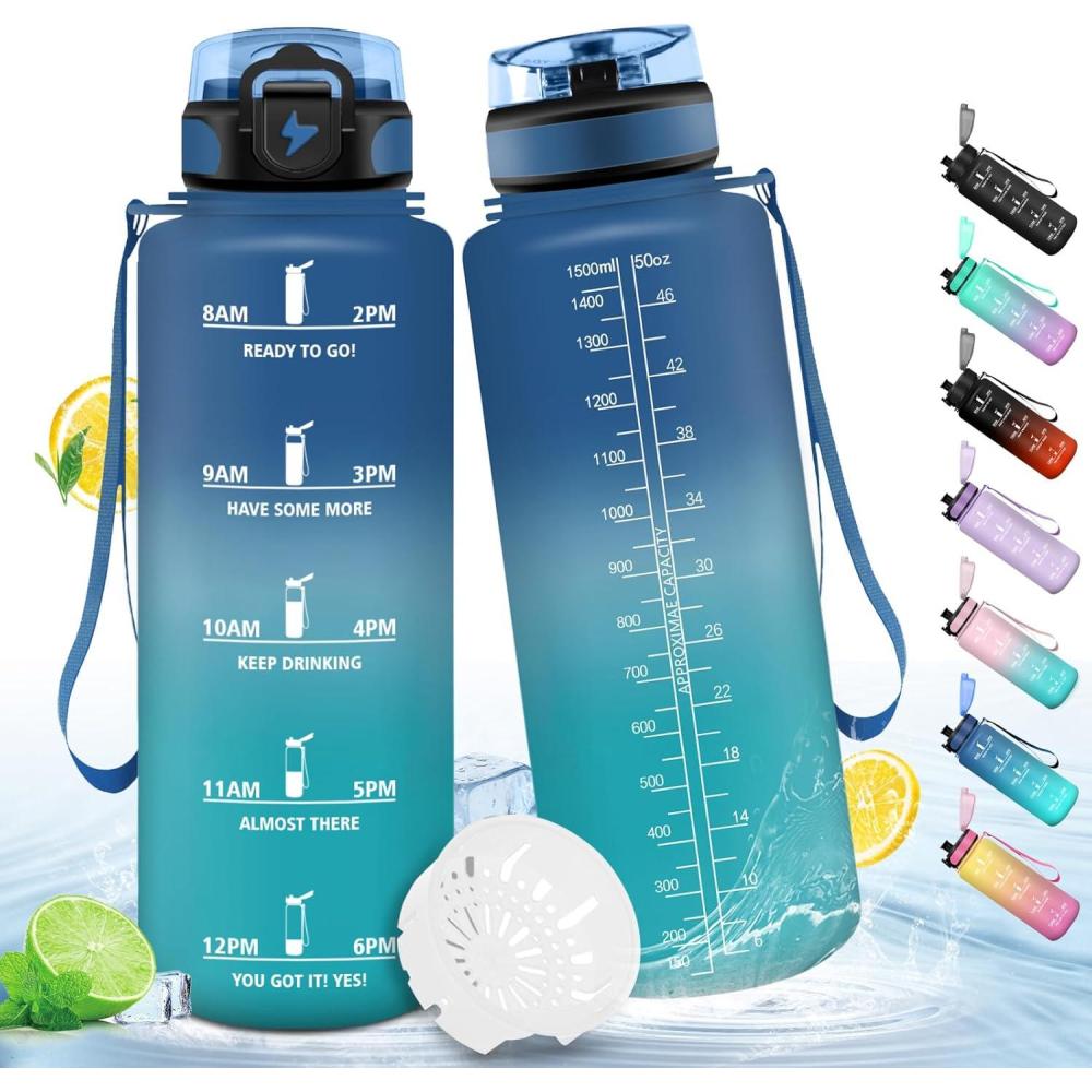 image:imageHoneyHolly Gourde 1L sans BPA Bouteille Sport Marqueur Horaire Bouteille tanche Portable Gourde Gradue pour Salle de Sport Vlo Bureau Extrieur cole Water BottleBleu Vert 1500ml