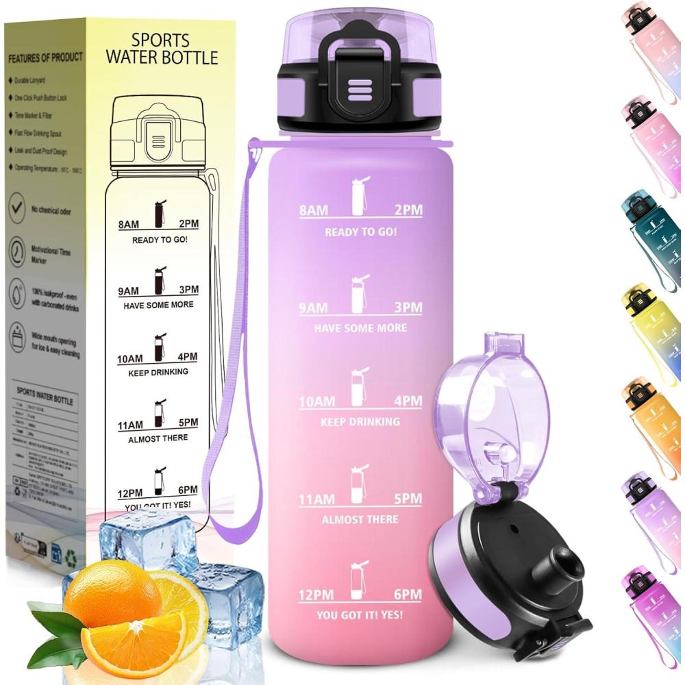 image:imageHoneyHolly Gourde 1L sans BPA Bouteille Sport Marqueur Horaire Bouteille tanche Portable Gourde Gradue pour Salle de Sport Vlo Bureau Extrieur cole Water BottleIris Rose 1000ml