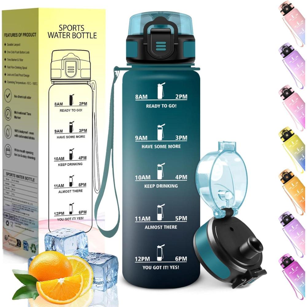 image:imageHoneyHolly Gourde 1L sans BPA Bouteille Sport Marqueur Horaire Bouteille tanche Portable Gourde Gradue pour Salle de Sport Vlo Bureau Extrieur cole Water BottleVert Gris 500ml