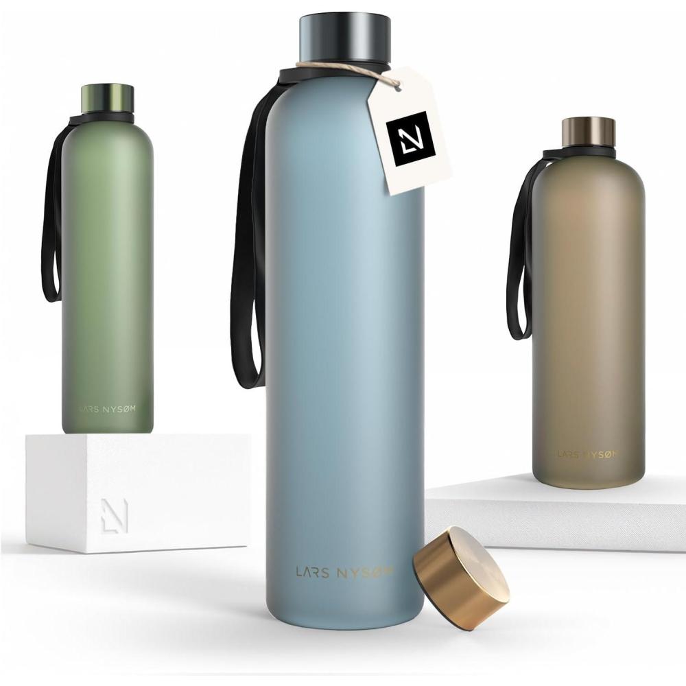 image:imageLARS NYSM Gourde 1l Bouteille deau 1000ml Gourde de sport ultralgre en Tritan Idal pour le sport le bureau le yoga les enfants 2 couvercles inclus Carbon Black 1000mlSky Blue Gold