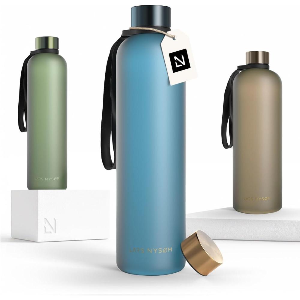 image:imageLARS NYSM Gourde 1l Bouteille deau 1000ml Gourde de sport ultralgre en Tritan Idal pour le sport le bureau le yoga les enfants 2 couvercles inclus Carbon Black 1000mlCalypso Blue Gold