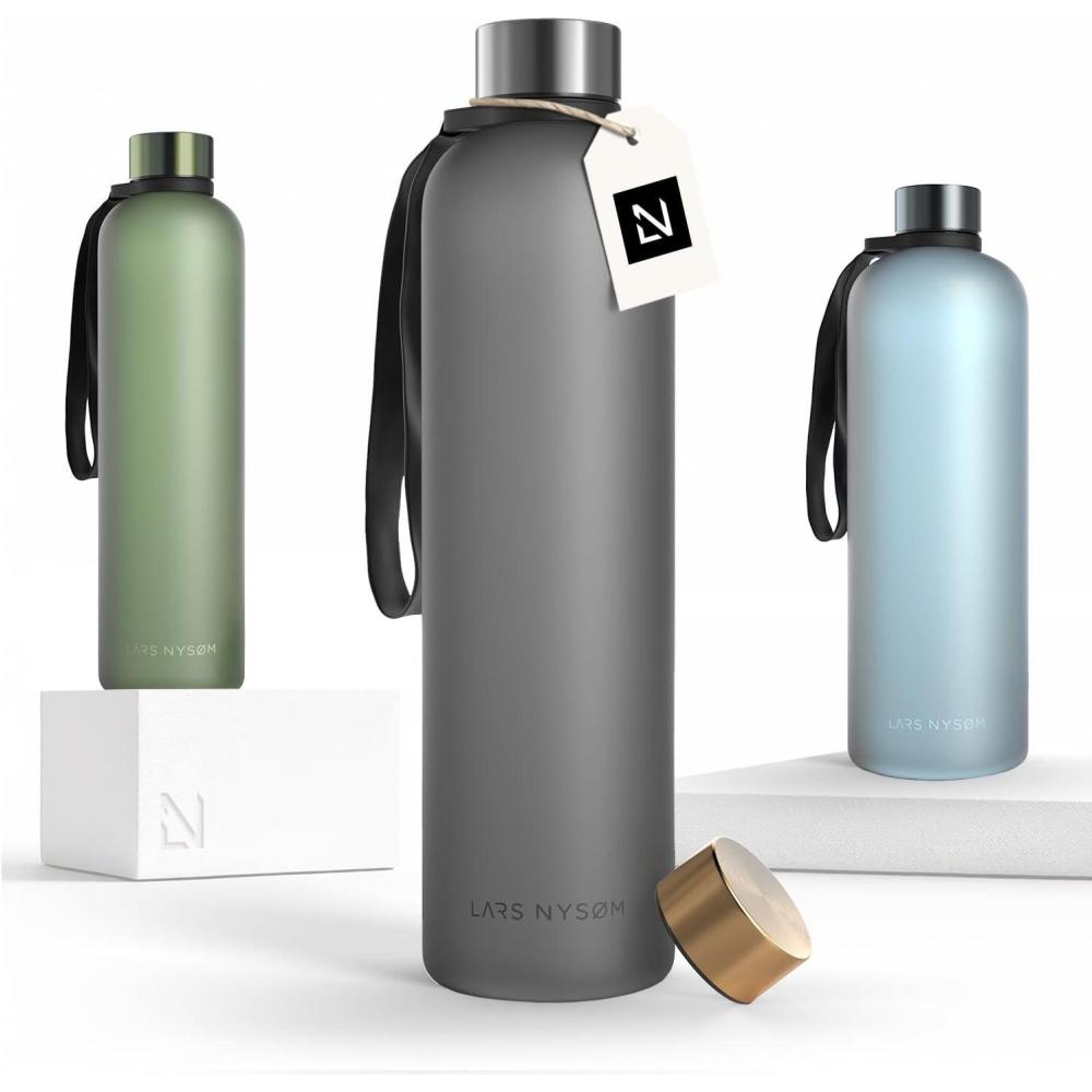 image:imageLARS NYSM Gourde 1l Bouteille deau 1000ml Gourde de sport ultralgre en Tritan Idal pour le sport le bureau le yoga les enfants 2 couvercles inclus Carbon Black 1000mlAsh Gray