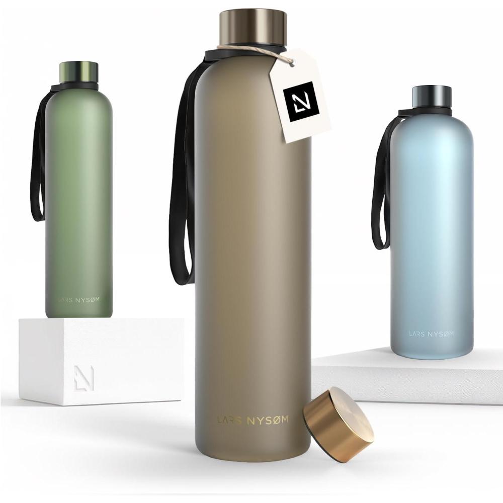 image:imageLARS NYSM Gourde 1l Bouteille deau 1000ml Gourde de sport ultralgre en Tritan Idal pour le sport le bureau le yoga les enfants 2 couvercles inclus Carbon Black 1000mlTaupe Brown Gold