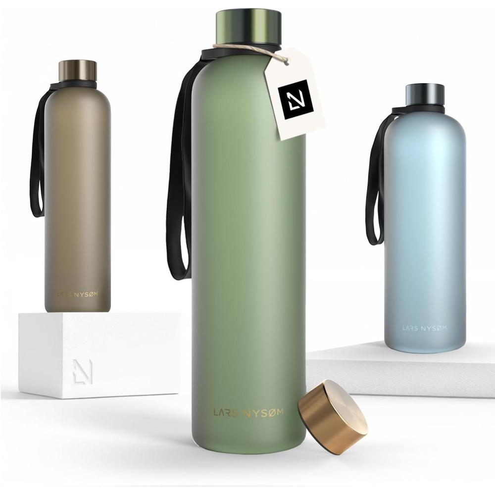 image:imageLARS NYSM Gourde 1l Bouteille deau 1000ml Gourde de sport ultralgre en Tritan Idal pour le sport le bureau le yoga les enfants 2 couvercles inclus Carbon Black 1000mlSage Green Gold