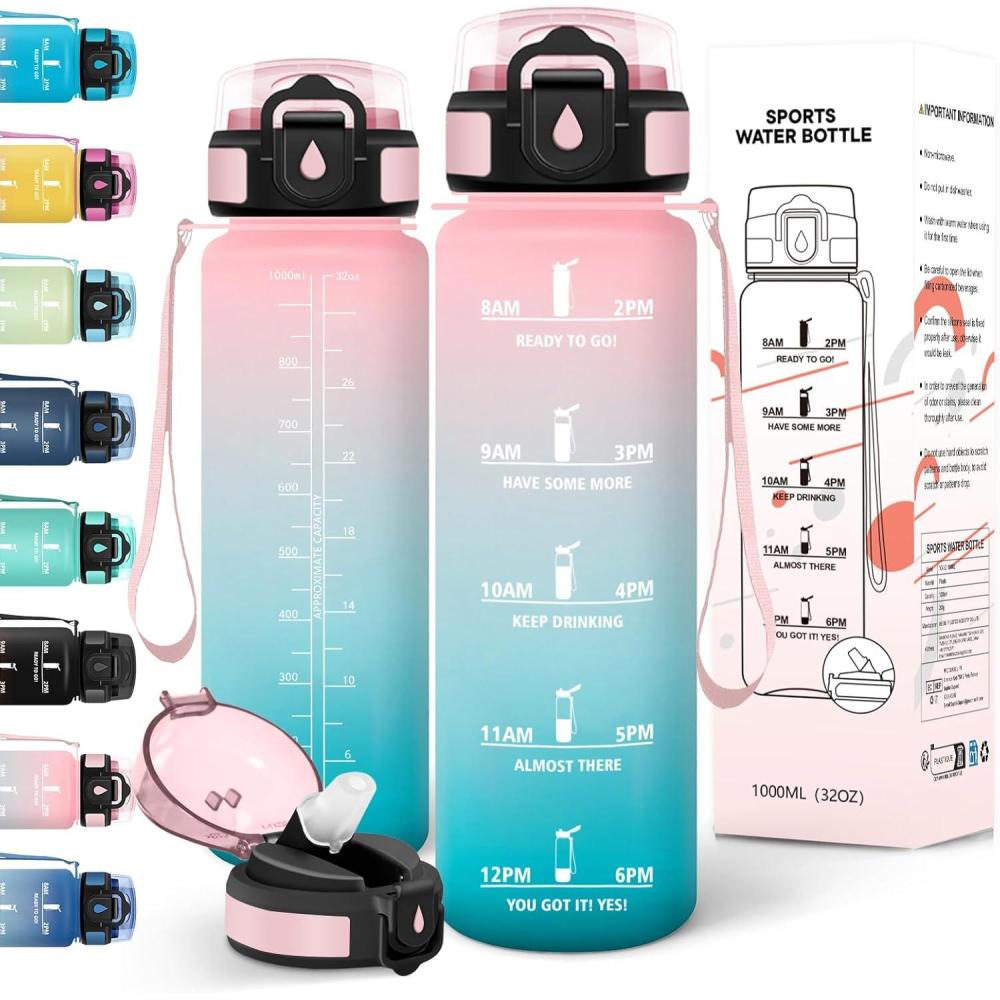 image:imageMotswedi Gourde 1l AntiFuite Gourde Paille avec Marqueur de Temps Bouteille deau Poigne de Transport Bouteille avec Paille Facile Ouvrir pour Randonne Sport Blanc Cass Bleu ClairVert Rose