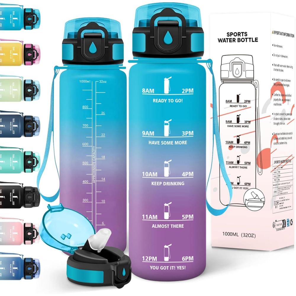 image:imageMotswedi Gourde 1l AntiFuite Gourde Paille avec Marqueur de Temps Bouteille deau Poigne de Transport Bouteille avec Paille Facile Ouvrir pour Randonne Sport Blanc Cass Bleu ClairBleu Violet