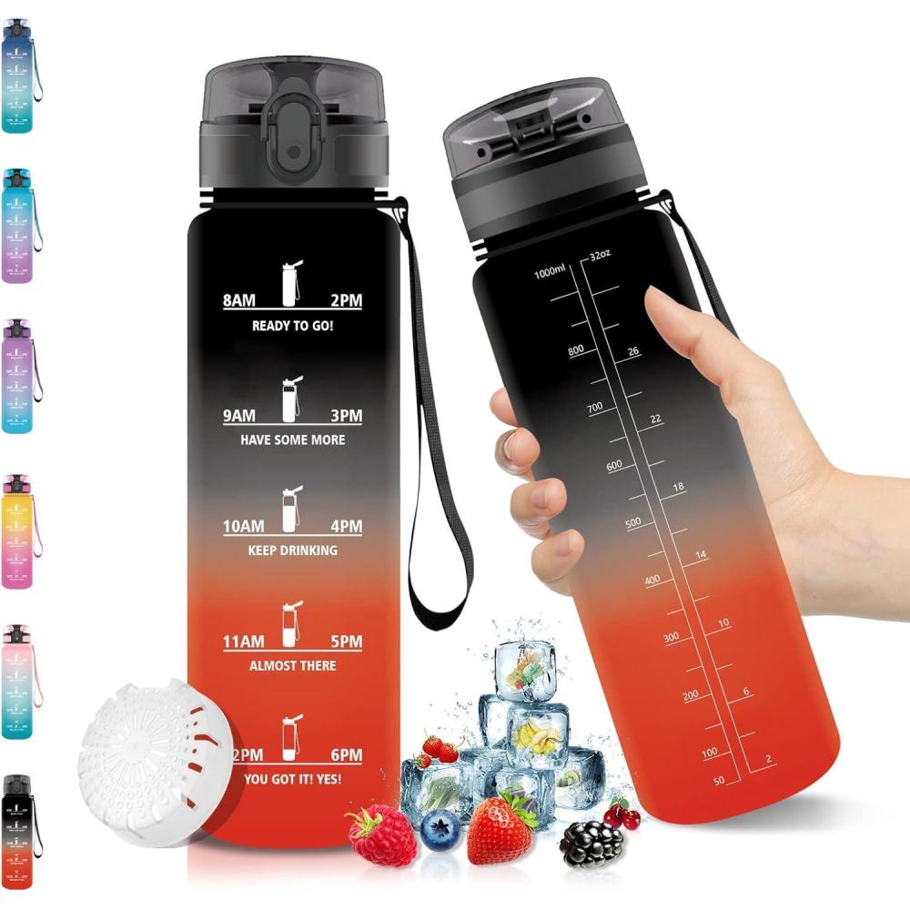 image:imageVikaster Gourde Sport Bouteille deau 1l sans BPA tanche ampamp Rutilisable Water Bottle Ouvrir en un Clic Convient Pour la Camping le Yoga le Gym Gourde RandonneNoir Rouge
