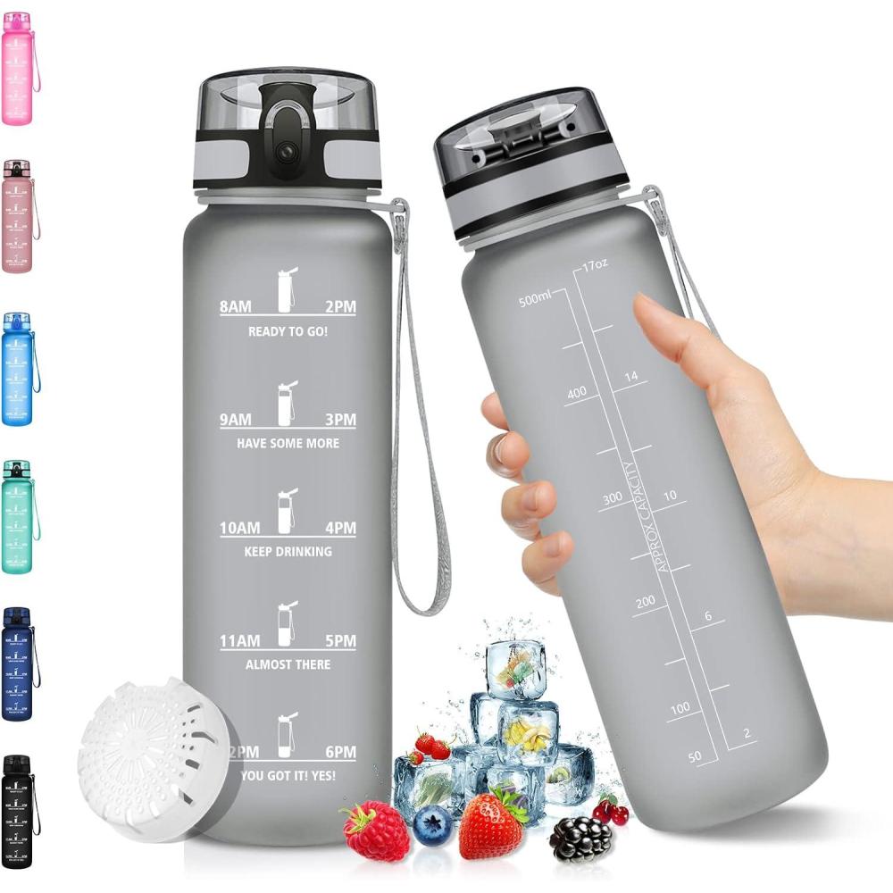image:imageVikaster Gourde Sport Bouteille deau 1l sans BPA tanche ampamp Rutilisable Water Bottle Ouvrir en un Clic Convient Pour la Camping le Yoga le Gym Gourde Randonne05l Gris