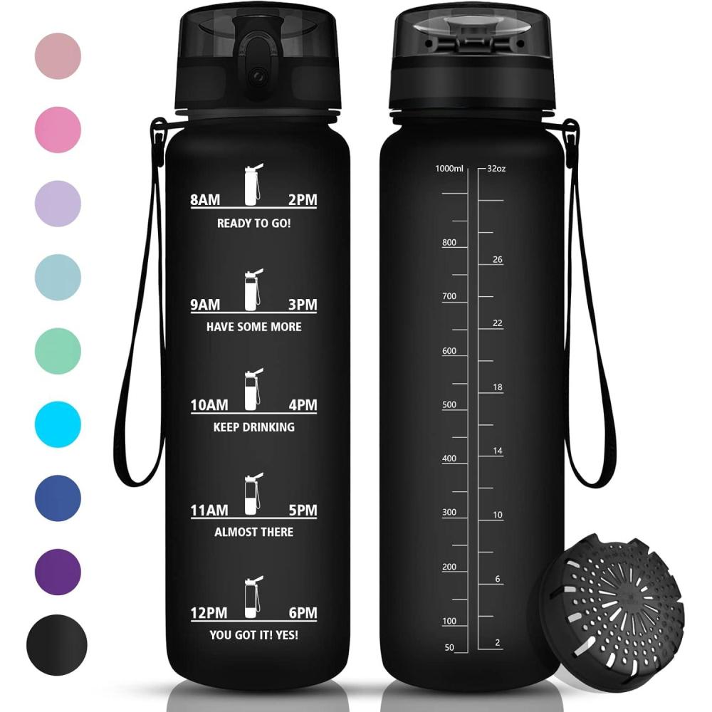 image:imageVikaster Gourde Sport Bouteille deau 1l sans BPA tanche ampamp Rutilisable Water Bottle Ouvrir en un Clic Convient Pour la Camping le Yoga le Gym Gourde RandonneMat Noir