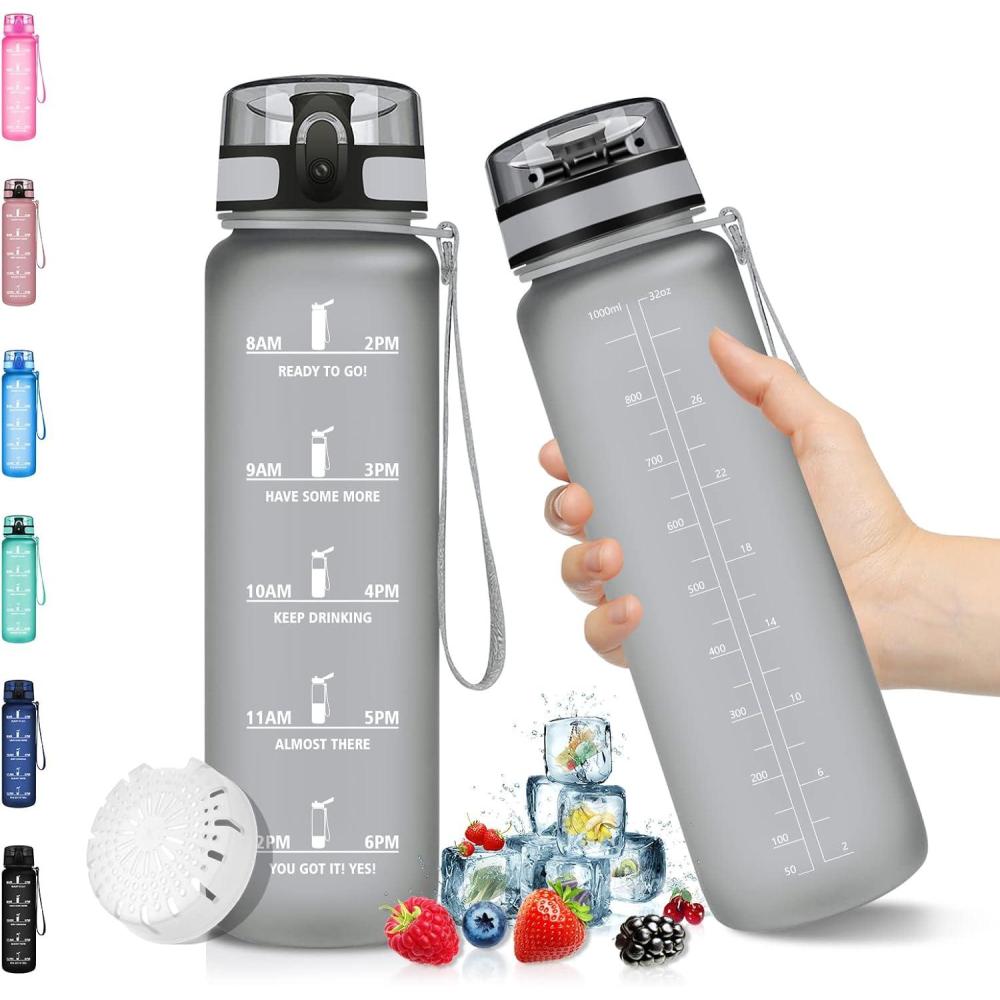 image:imageVikaster Gourde Sport Bouteille deau 1l sans BPA tanche ampamp Rutilisable Water Bottle Ouvrir en un Clic Convient Pour la Camping le Yoga le Gym Gourde Randonne1l Gris