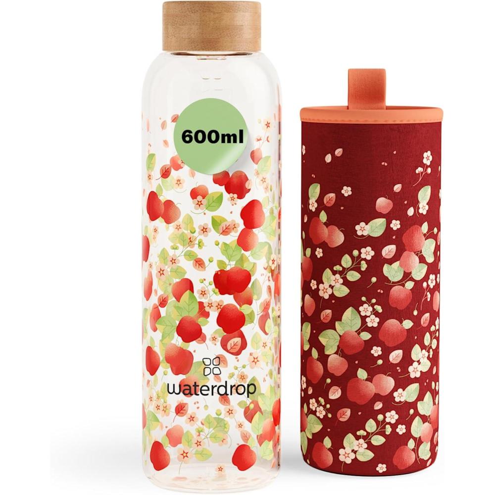 image:imagewaterdrop Bouteille en Verre 600ml  Gourde Rutilisable en Verre Borosilicate avec Bouchon Bambou et Housse Sans BPA tanche Idale pour Maison Bureau Sport VoyagePomme