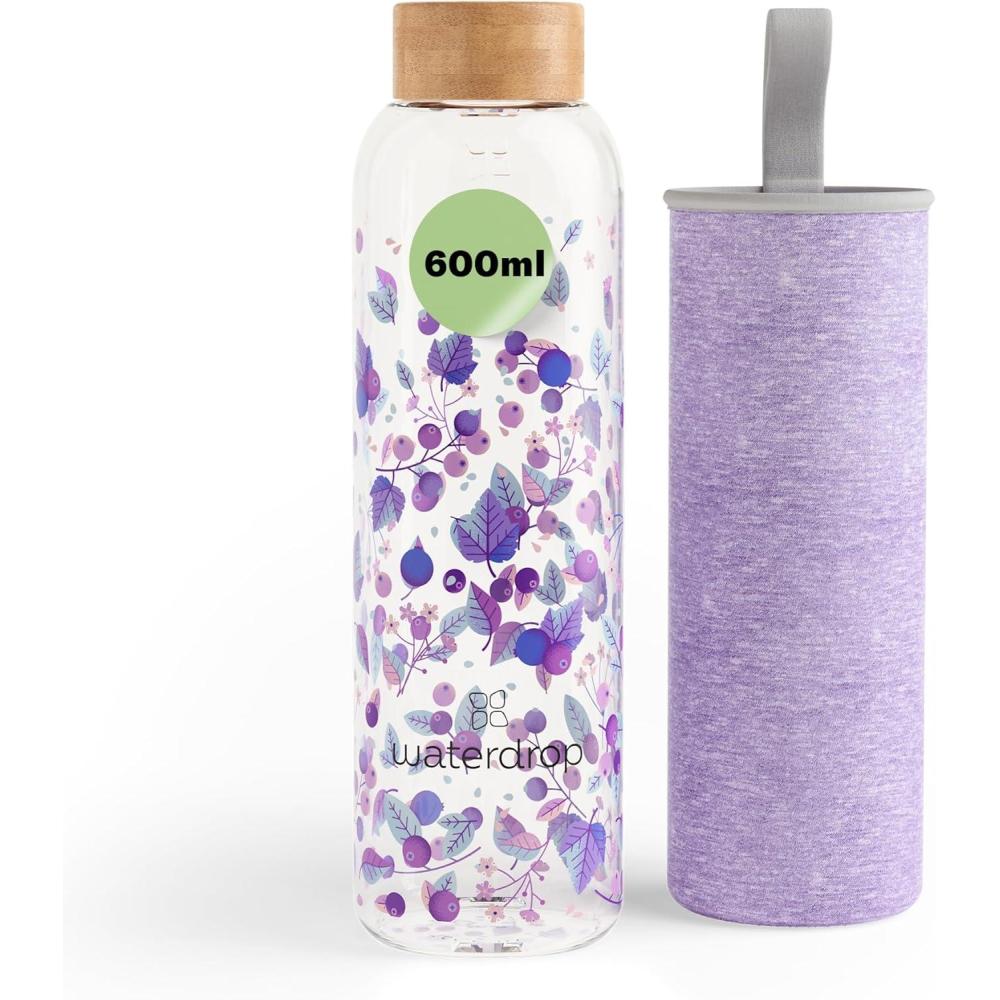 image:imagewaterdrop Bouteille en Verre 600ml Gourde Rutilisable en Verre Borosilicate avec Bouchon Bambou et Housse Sans BPA tanche Idale pour Maison Bureau Sport VoyageBoost Melange