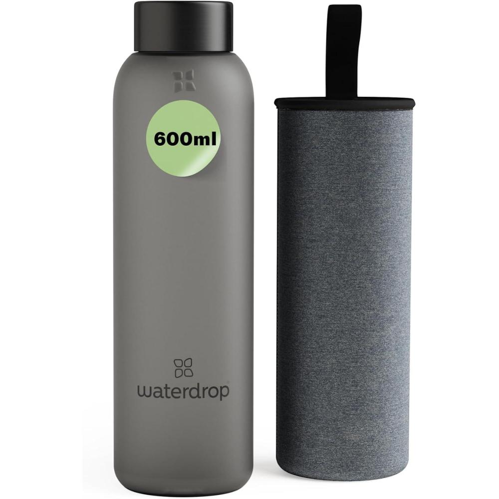 image:imagewaterdrop Bouteille en Verre 600ml Gourde Rutilisable en Verre Borosilicate avec Bouchon Bambou et Housse Sans BPA tanche Idale pour Maison Bureau Sport VoyageBlack Frosted Melange