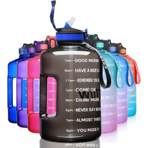 Bouteille d&rsquo;eau de 4 litres avec Paille et Marquages de Temps Motivants sans BPA Grande Gourde Anti-fuite pour Sport Fitness(Noir)