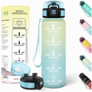 Gourde 1,5l, Anti-Fuit, Gourde Sport, avec Marqueur de Temps, Bouteille d&rsquo;eau, Réutilisable, Bouteille, Sans BPA, pour Randonnée, Fitness, Sport, Yoga, Noir-Rouge(Blanc Cassé-bleu Clair)
