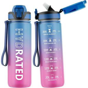 Gourde, 1L Gourde Sport avec Paille et Graduée, 1 Litre Étanche Bouteille d&rsquo;Eau avec Brosse, Gourdes Motivation sans BPA pour Fitness, Bureau, l&rsquo;école, Yoga(Bleu Violet)