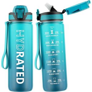 Gourde, 1L Gourde Sport avec Paille et Graduée, 1 Litre Étanche Bouteille d&rsquo;Eau avec Brosse, Gourdes Motivation sans BPA pour Fitness, Bureau, l&rsquo;école, Yoga(Bleu Foncé)