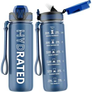 Gourde, 1L Gourde Sport avec Paille et Graduée, 1 Litre Étanche Bouteille d&rsquo;Eau avec Brosse, Gourdes Motivation sans BPA pour Fitness, Bureau, l&rsquo;école, Yoga(Bleu Nuit)