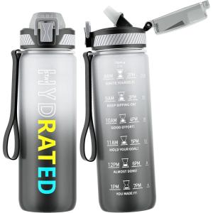 Gourde, 1L Gourde Sport avec Paille et Graduée, 1 Litre Étanche Bouteille d&rsquo;Eau avec Brosse, Gourdes Motivation sans BPA pour Fitness, Bureau, l&rsquo;école, Yoga(Gris Dégradé)