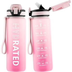 Gourde, 1L Gourde Sport avec Paille et Graduée, 1 Litre Étanche Bouteille d&rsquo;Eau avec Brosse, Gourdes Motivation sans BPA pour Fitness, Bureau, l&rsquo;école, Yoga(Rose Dégradé)
