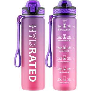 Gourde, 1L Gourde Sport avec Paille et Graduée, 1 Litre Étanche Bouteille d&rsquo;Eau avec Brosse, Gourdes Motivation sans BPA pour Fitness, Bureau, l&rsquo;école, Yoga(Rouge Pourpre)