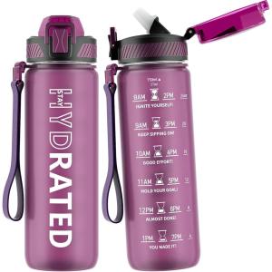Gourde, 1L Gourde Sport avec Paille et Graduée, 1 Litre Étanche Bouteille d&rsquo;Eau avec Brosse, Gourdes Motivation sans BPA pour Fitness, Bureau, l&rsquo;école, Yoga(Rouge Rosé)
