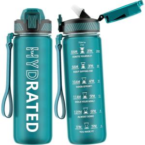 Gourde, 1L Gourde Sport avec Paille et Graduée, 1 Litre Étanche Bouteille d&rsquo;Eau avec Brosse, Gourdes Motivation sans BPA pour Fitness, Bureau, l&rsquo;école, Yoga(Vert Lacustre)