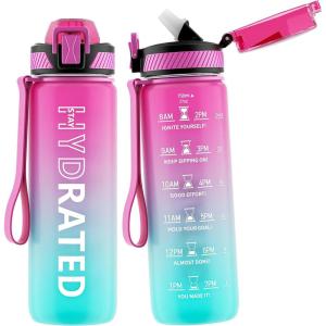 Gourde, 1L Gourde Sport avec Paille et Graduée, 1 Litre Étanche Bouteille d&rsquo;Eau avec Brosse, Gourdes Motivation sans BPA pour Fitness, Bureau, l&rsquo;école, Yoga(Vert Pourpre)