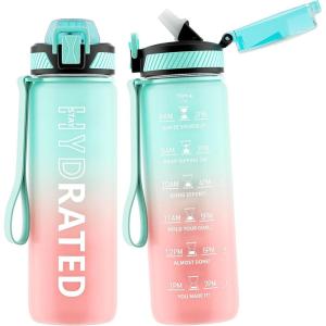 Gourde, 1L Gourde Sport avec Paille et Graduée, 1 Litre Étanche Bouteille d&rsquo;Eau avec Brosse, Gourdes Motivation sans BPA pour Fitness, Bureau, l&rsquo;école, Yoga(Vert Rose)