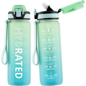 Gourde, 1L Gourde Sport avec Paille et Graduée, 1 Litre Étanche Bouteille d&rsquo;Eau avec Brosse, Gourdes Motivation sans BPA pour Fitness, Bureau, l&rsquo;école, Yoga(Vert Menthe)
