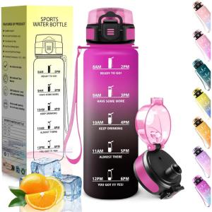 HoneyHolly Gourde 1L, sans BPA, Bouteille Sport, Marqueur Horaire, Bouteille, Étanche, Portable, Gourde Graduée pour Salle de Sport, Vélo, Bureau, Extérieur, École, Water Bottle(Violet & Noir – 500ml)