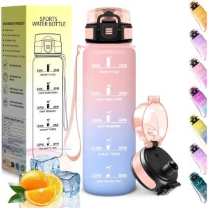 HoneyHolly Gourde 1L, sans BPA, Bouteille Sport, Marqueur Horaire, Bouteille, Étanche, Portable, Gourde Graduée pour Salle de Sport, Vélo, Bureau, Extérieur, École, Water Bottle(Rose & Ciel – 500ml)