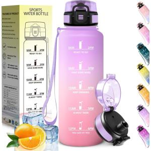 HoneyHolly Gourde 1L, sans BPA, Bouteille Sport, Marqueur Horaire, Bouteille, Étanche, Portable, Gourde Graduée pour Salle de Sport, Vélo, Bureau, Extérieur, École, Water Bottle(Iris & Rose – 1500ml)