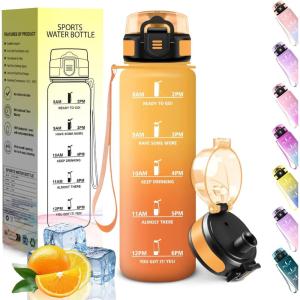 HoneyHolly Gourde 1L, sans BPA, Bouteille Sport, Marqueur Horaire, Bouteille, Étanche, Portable, Gourde Graduée pour Salle de Sport, Vélo, Bureau, Extérieur, École, Water Bottle(Ambre & Orange – 500ml)