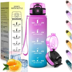 HoneyHolly Gourde 1L, sans BPA, Bouteille Sport, Marqueur Horaire, Bouteille, Étanche, Portable, Gourde Graduée pour Salle de Sport, Vélo, Bureau, Extérieur, École, Water Bottle(Rose & Cyan – 500ml)