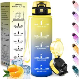 HoneyHolly Gourde 1L, sans BPA, Bouteille Sport, Marqueur Horaire, Bouteille, Étanche, Portable, Gourde Graduée pour Salle de Sport, Vélo, Bureau, Extérieur, École, Water Bottle(Jaune & Bleu – 1000ml)