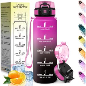 HoneyHolly Gourde 1L, sans BPA, Bouteille Sport, Marqueur Horaire, Bouteille, Étanche, Portable, Gourde Graduée pour Salle de Sport, Vélo, Bureau, Extérieur, École, Water Bottle(Violet & Noir – 1000ml)