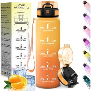 HoneyHolly Gourde 1L, sans BPA, Bouteille Sport, Marqueur Horaire, Bouteille, Étanche, Portable, Gourde Graduée pour Salle de Sport, Vélo, Bureau, Extérieur, École, Water Bottle(Ambre & Orange – 1000ml)