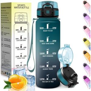 HoneyHolly Gourde 1L, sans BPA, Bouteille Sport, Marqueur Horaire, Bouteille, Étanche, Portable, Gourde Graduée pour Salle de Sport, Vélo, Bureau, Extérieur, École, Water Bottle(Vert & Gris – 1000ml)