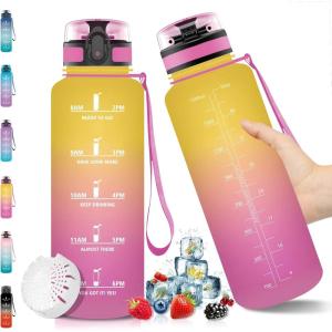 Vikaster Gourde Sport, Bouteille d&rsquo;eau 1l, sans BPA, Étanche & Réutilisable, Water Bottle Ouvrir en un Clic, Convient Pour la Camping, le Yoga, le Gym, Gourde Randonnée(Jaune & Rose -1.5l)